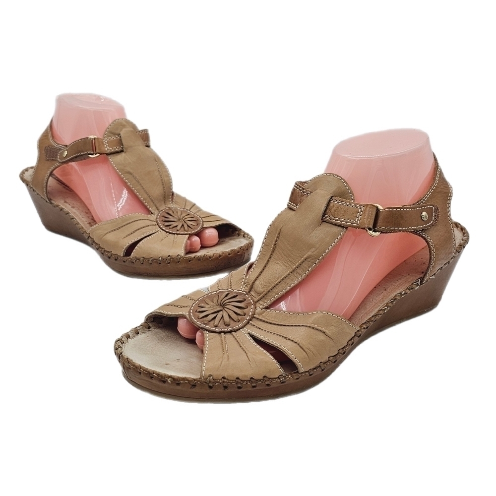 Pikolinos Puerto Vallarta Brown Leather Open Toe Wedge Ankle Strap Sandal Size 9
